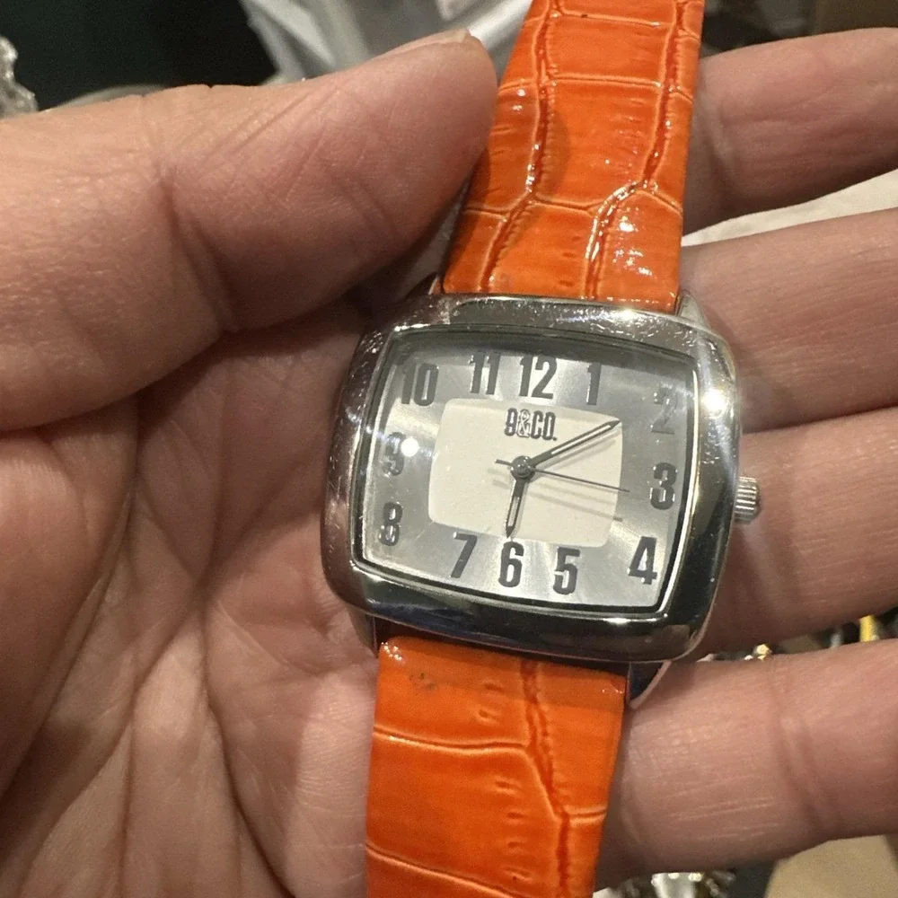 Working‎ 9&Co Ladies Quartz Watch 36mm Rectangle Silver Tone Orange Leather Band